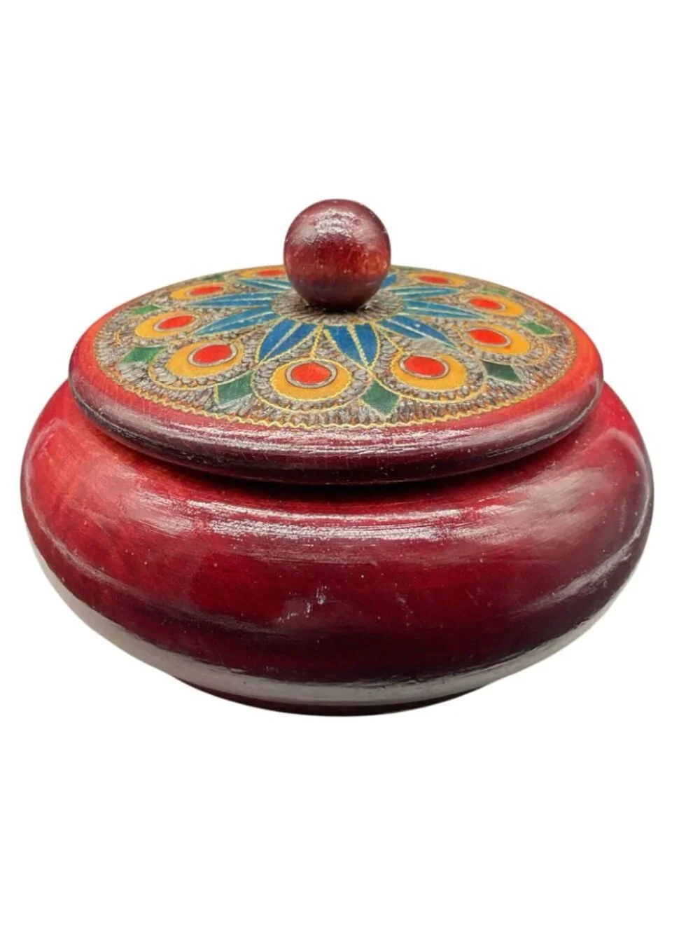 Hand Painted & Carved Red Wood Lacquered Lidded Bowl 3